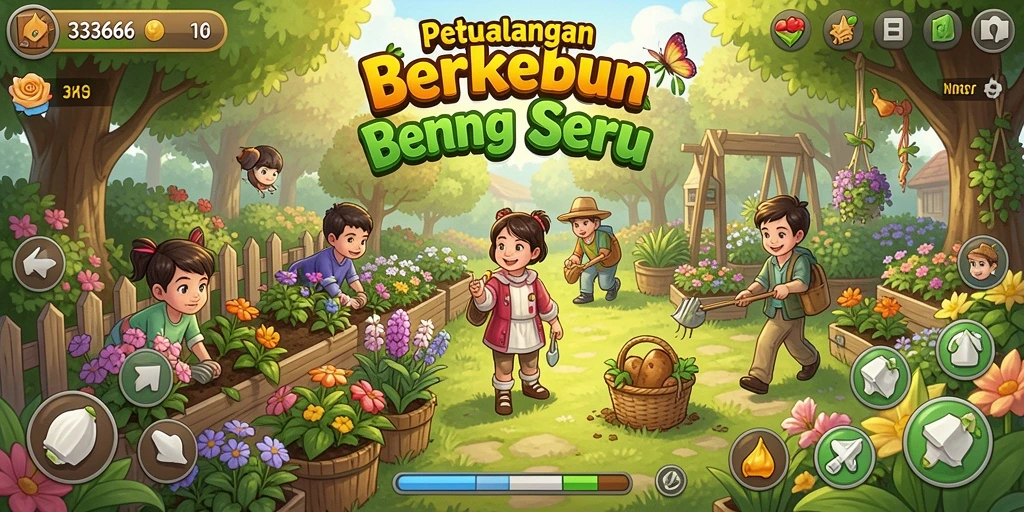 Screenshot game 333666 menampilkan kebun yang subur dan penuh aktivitas.