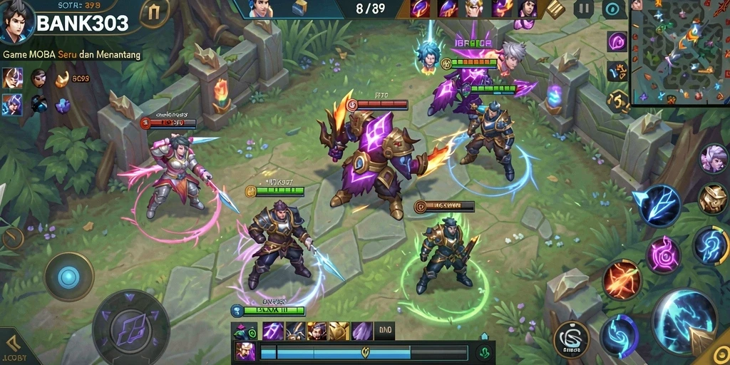 Screenshot utama BANK303 menampilkan pertarungan MOBA seru dan intens.