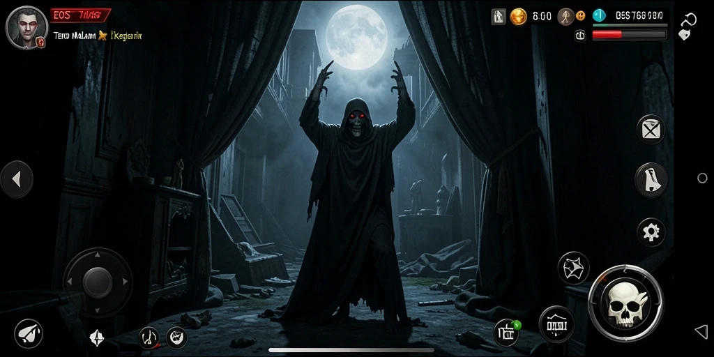 Screenshot gameplay EOS77 menunjukkan suasana mencekam dan penuh ketegangan.