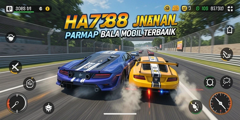 Screenshot HAO788 menunjukkan mobil balap melaju kencang di trek yang menantang.