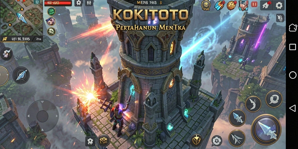 Tangkapan layar gameplay KOKITOTO menampilkan aksi pertahanan menara yang intens.