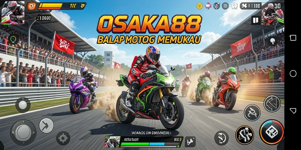 Screenshot gameplay OSAKA88 menampilkan balapan motor yang mendebarkan.