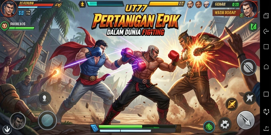 Screenshot utama UT77 menampilkan pertarungan seru antara karakter dengan efek visual menakjubkan.