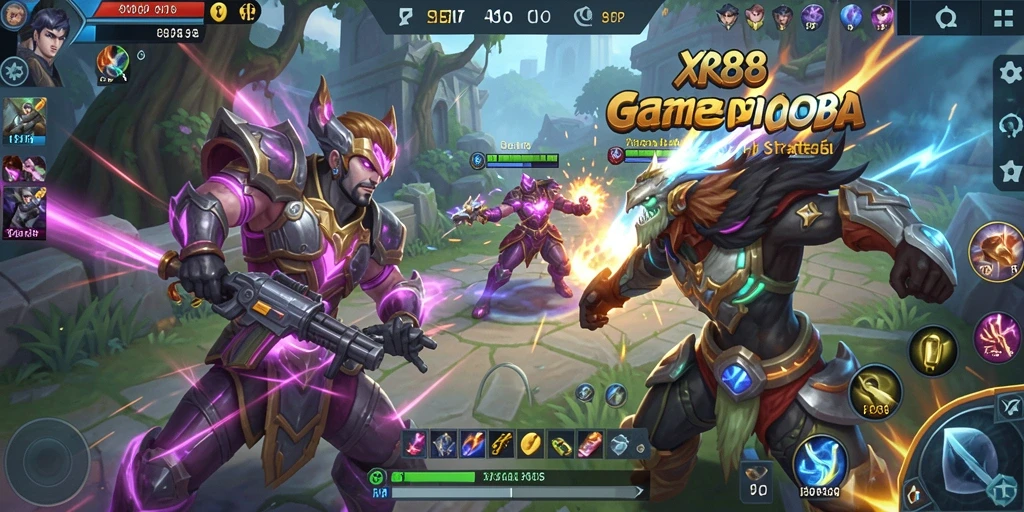 Screenshot gameplay XR88 menampilkan pertarungan seru dan karakter unik di arena.